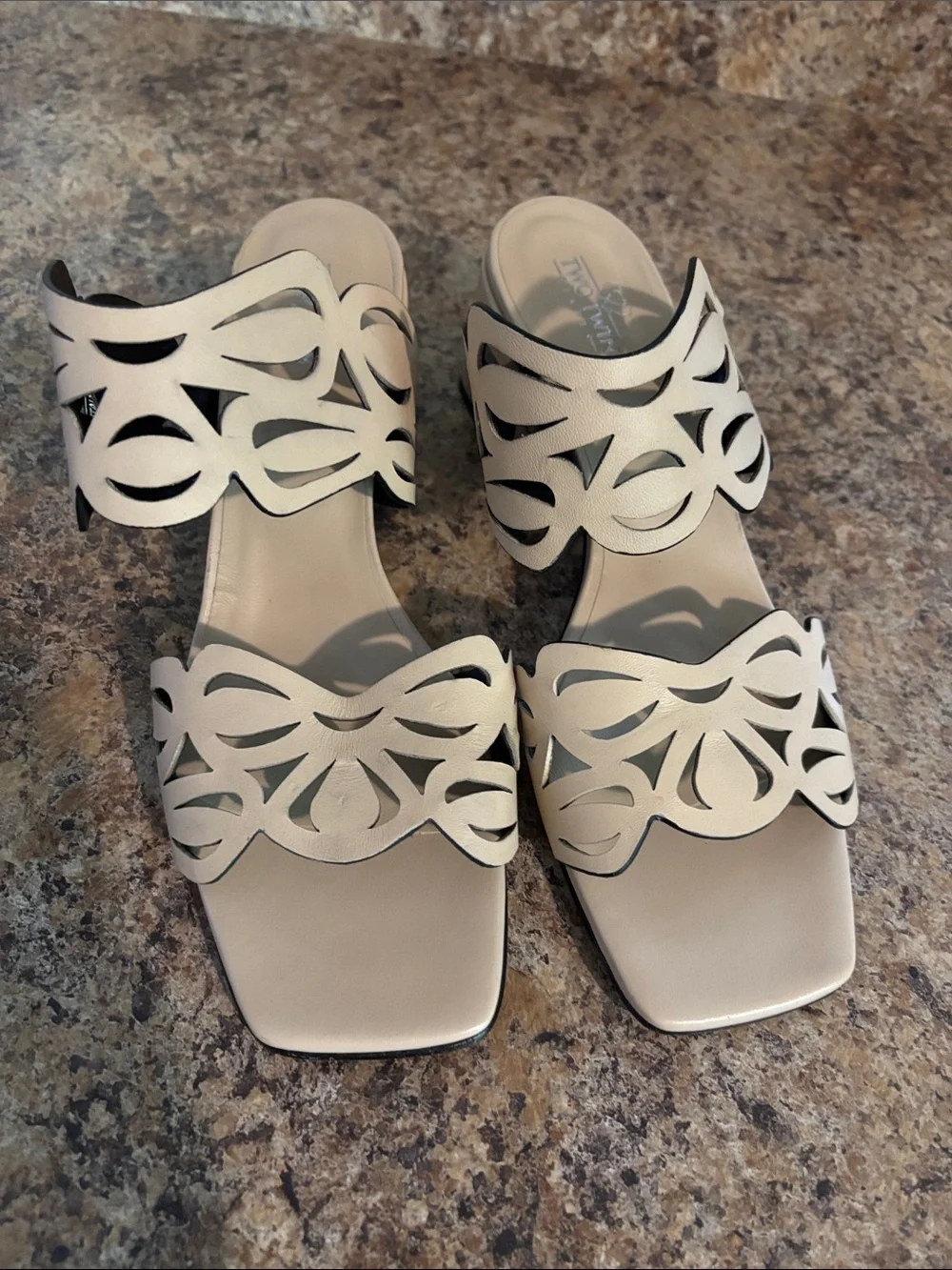 Scalloped Cutout Block Heel Sandals in Cream
